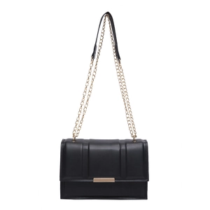 Classic black square shoulder bag with vertical quilted pattern and gold chain strap