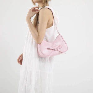 Sac baguette rose pâle avec nœud pour femme en similicuir et plis élégants