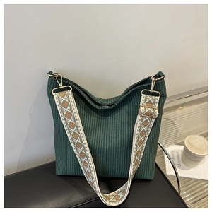 Retro dark green striped bucket bag with bohemian embroidered wide shoulder strap for women