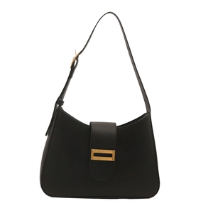 Minimalist black leather underarm bag featuring a stylish gold rectangular buckle detail
