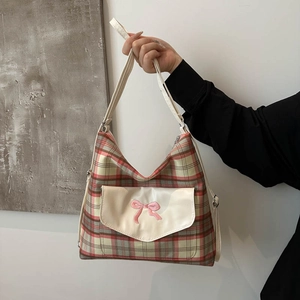 Plaid canvas shoulder bag with pink bow embroidery and front flap pocket for women