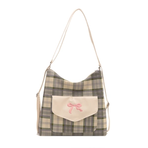 Large capacity checkered tote bag in green and beige with a pink bow embroidery detail