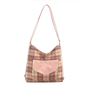 Pink plaid checkered tote bag with bow embroidery and adjustable straps for women