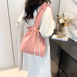 Pink Korean style ballet tote bag with ruffled straps and silver studs for women