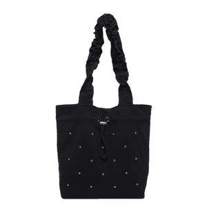 Large capacity black tote bag with rhinestones and pleated cloud shoulder strap