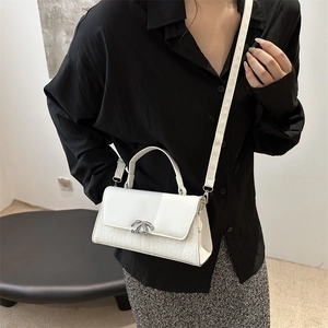 Elegant white crossbody bag with crocodile texture and silver metal lock for women