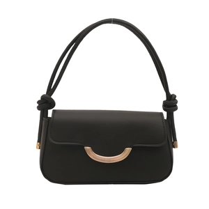 Retro black crossbody bag with crescent gold buckle and decorative knot shoulder strap
