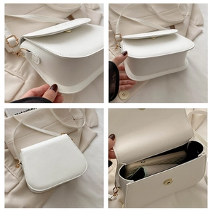 Detailed views of a white PU leather saddle bag with gold hardware and interior space