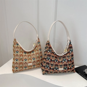 Fashion woven print nylon tote bags with geometric patterns and beaded charms
