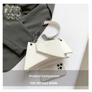 Détail du sac géométrique blanc avec texture crocodile et bandoulière chaîne argent