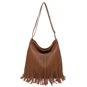 Brown faux leather fringe shoulder bag with bohemian style and litchi texture