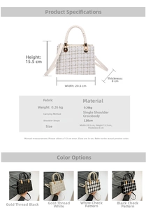 Detailed size specifications and material chart for the tweed crossbody handbag