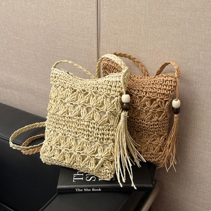 Woven Straw Crossbody Bag Women Hollow Crochet Shoulder Purse Summer Beach Vacation Bohemian Tassel Wood Beads Handbags
