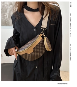 Detail of retro brown geometric chest bag with matching round coin purse and canvas strap