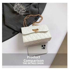 White quilted shoulder bag with gold chain strap shown next to a smartphone for size reference