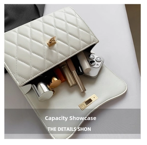 Detail of white quilted crossbody bag showing spacious interior for phone and cosmetics