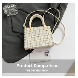 Detail of tweed crossbody bag with gold metallic handle and slender shoulder strap