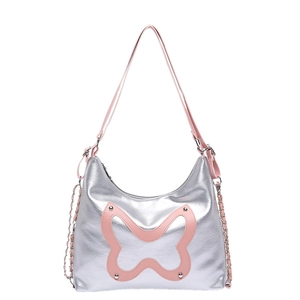 Silver metallic shoulder bag with pink butterfly design and rivet details for women