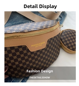 Detail view of the clover pattern texture and detachable round coin purse on fanny pack