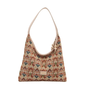 Bohemian geometric woven nylon tote bag with leather strap and decorative beads