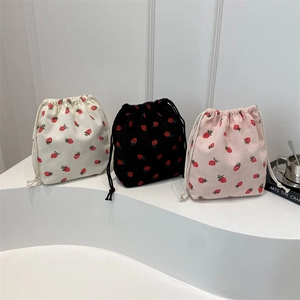 Pochette En Velours Côtelé À Cordon Imprimé Fraise Sac De Rangement Souple Femmes Organisateur Cosmétique Mignon