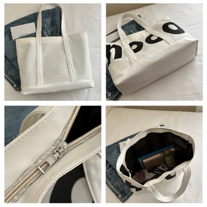 Detailed views of white tote bag featuring large capacity, zipper close and inner pockets