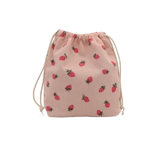 Pink corduroy bucket bag featuring sweet strawberry embroidery and drawstring closure
