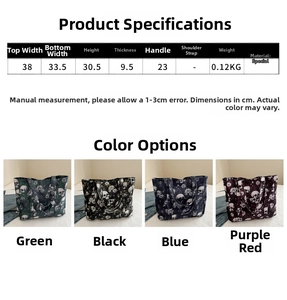 Size chart showing tote bag dimensions 38x30.5cm and color options with skull patterns