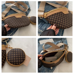 Detail view of brown vintage fanny pack with round coin purse and interior layout