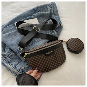 Detail showing patterned half-moon waist bag with round coin purse and gold hardware