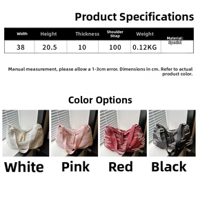 Detailed view of four color options and size specifications for this textured tote bag