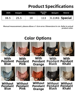 Size chart showing large tote bag dimensions of 38.5x25.5cm and color options