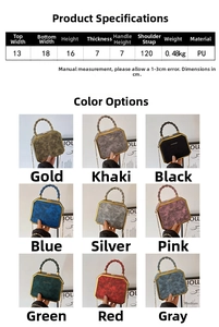 Detailed size chart and multi-color options for retro PU leather chain crossbody bag