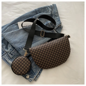 Retro brown monogram half-moon crossbody bag set with mini round coin purse and strap