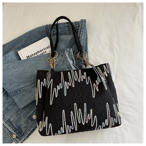 Détail du sac cabas noir avec motifs ondulés, texture en losanges et bandoulière
