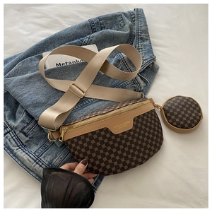 Brown vintage pattern chest bag with wide beige strap and matching mini coin purse detail