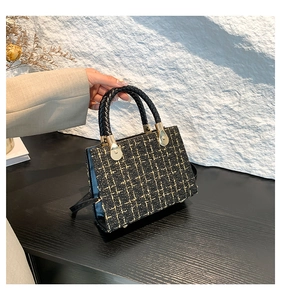 Detail of tweed handbag featuring a woven leather handle and polished gold hardware