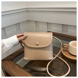 Close-up of minimalist beige crossbody bag with snap closure and brand logo detail