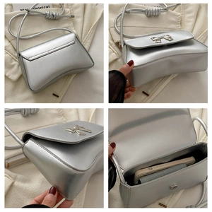 Vues détaillées d'un sac argenté avec nœud montrant la texture et l'espace intérieur