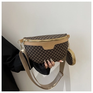 Detail of a brown monogram half-moon crossbody bag with wide strap and round coin purse