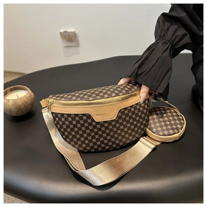 Detail of retro patterned waist bag with small coin purse and golden metal hardware