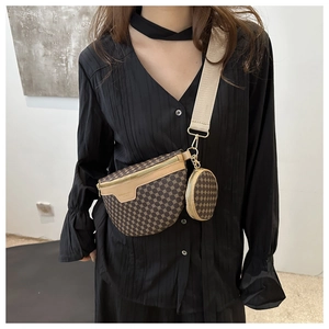 Close-up of retro brown pattern waist bag set with round pouch and wide fabric strap