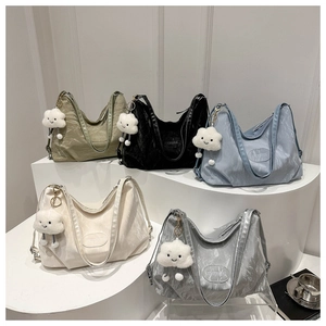 Large capacity pleated soft PU tote bag in five colors with cloud plush pendants