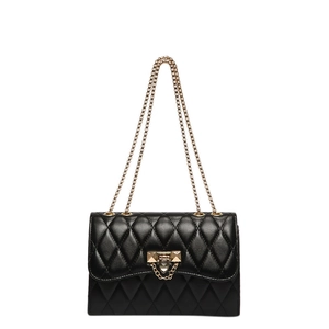 Classic black quilted leather crossbody bag with a gold lock and chain strap for women