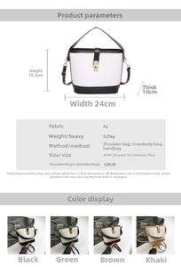 Detailed size chart for woven bucket bag showing dimensions 24x18.5x10cm and PU material