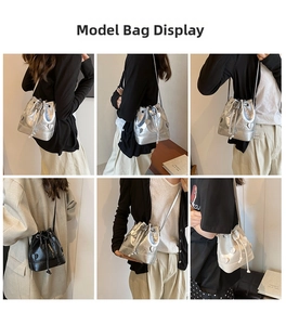 Multiple views of drawstring bucket bags with 3D heart detail in silver, black, and beige