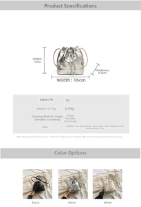 Detailed size specifications for drawstring bucket bag with heart embossed PU leather