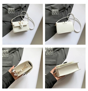 Detailed four-grid view showing white faux leather square bag with gold metal buckle