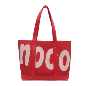 Stylish large red tote bag with white noco lettering and wide handles on white background