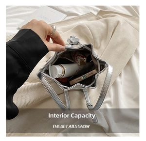 Close-up of the internal capacity showing phone and cosmetics inside silver bucket bag